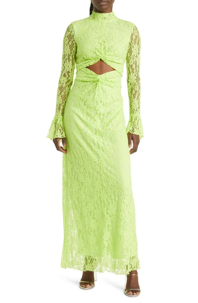Something New Natalie Cutout Long Sleeve Lace Maxi Dress In Acid Lime