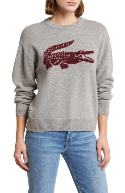 Lacoste Big Croc Cashmere & Wool Crewneck Sweater In Iq3 Silver Chine/ Zin