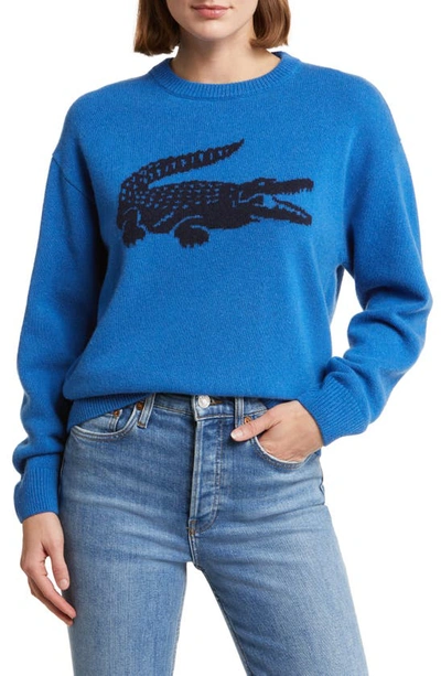 Lacoste Big Croc Cashmere & Wool Crewneck Sweater In Iq2 Hilo/ Marine
