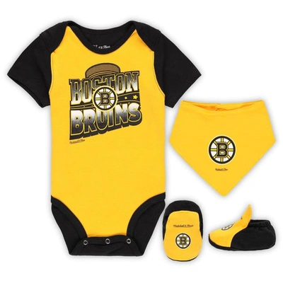 Mitchell & Ness Babies' Infant Boys And Girls  Gold, Black Boston Bruins Big Score 3-pack Bodysuit, Bib And B In Gold,black