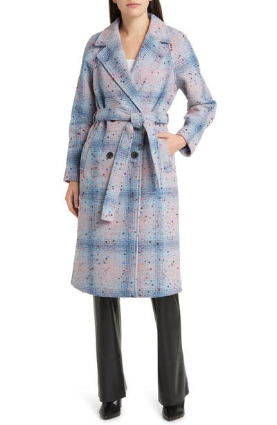 Avec Les Filles Donegal Tweed Double Breasted Wrap Coat In Blue Multi