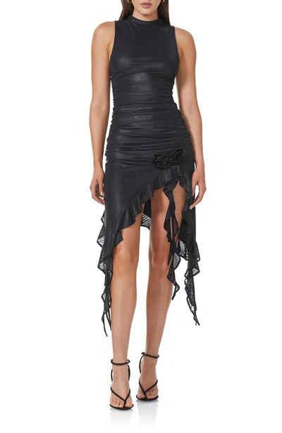 Afrm Raff Foil Ruched Asymmetric Sleeveless Dress In Metallic Noir