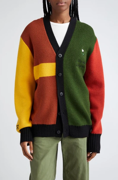 House Of Aama Anansi Spider Colorblock Wool Cardigan In Red/ Green/ Black