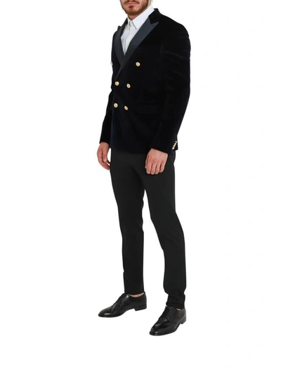 Brian Dales Velvet Double-breasted Jacket With Satin Neck In Blu