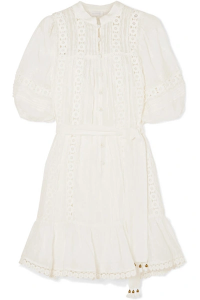 Zimmermann Castile Crochet-paneled Embroidered Ramie Mini Dress In Ivory