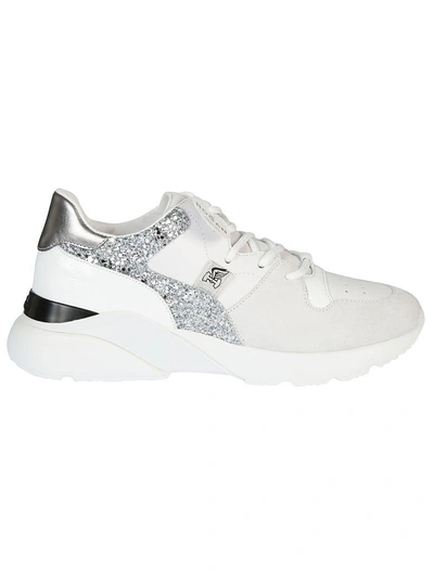 Hogan H385 Active One Suede And Glitter White Leather Sneaker In White/ Silver