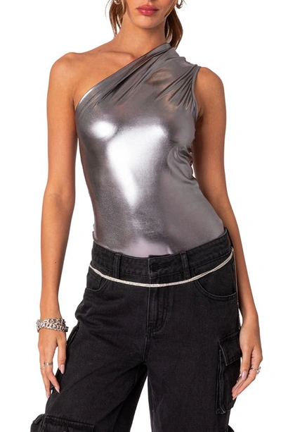 Edikted Feona Metallic One-shoulder Bodysuit In Silver-tone