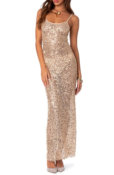 Edikted Sheer Mesh Sequin Maxi Dress In Gold