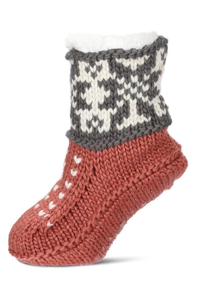 Memoi Snowflake Border Faux Shearling Slipper Socks In Deep Mauve