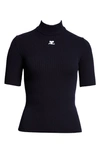 Courrèges Embroidered Logo Mock Neck Rib Sweater In Navy