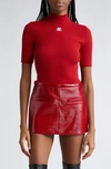 Courrèges Embroidered Logo Mock Neck Rib Sweater In Red