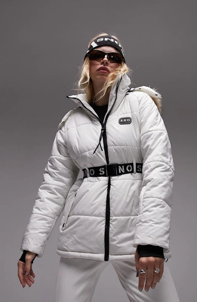 Topshop Sno Faux Fur Trim Belted Ski Coat In White