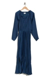 Melloday Pleated Long Sleeve Satin Maxi Dress In Teal