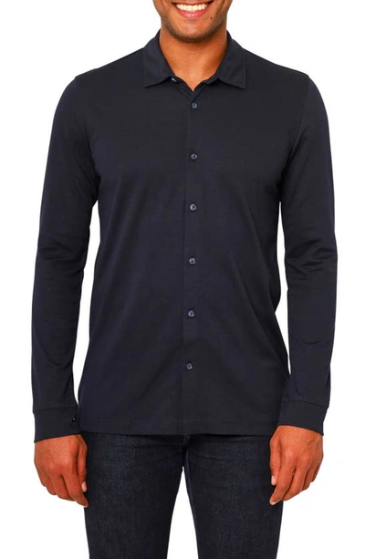 Vellapais Lucena Cotton 4-way Stretch Solid Button-up Shirt In Navy Blue