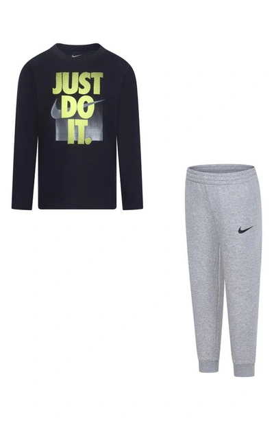 Nike Kids' Just Do It Long Sleeve Tee & Joggers Set In Dark Grey Heather/ Black