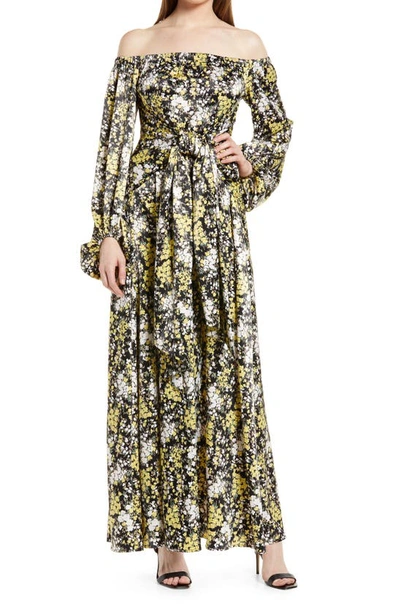 Fourteenth Place Vaiana Long Sleeve Tie Waist Off The Shoulder Satin Maxi Dress In Black Yellow Bloom