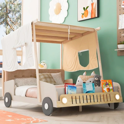 Simplie Fun Wood Full Size Car Bed With Pillow In Neutral