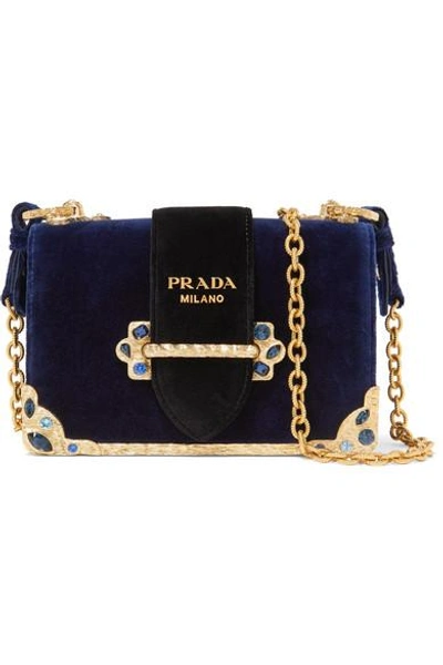 Prada Cahier Crystal-embellished Velvet Shoulder Bag In Navy | ModeSens