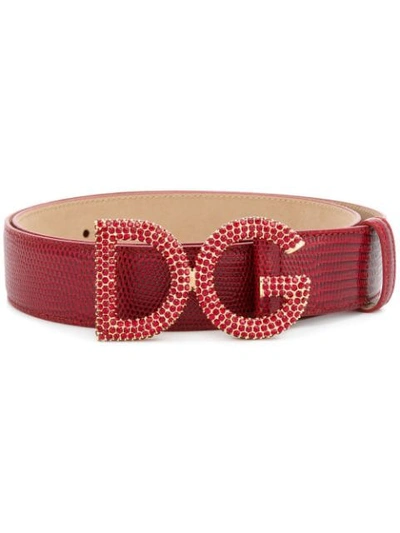 Dolce & Gabbana Snake-embossed Leather Belt W/ Embellished Logo Buckle In Red