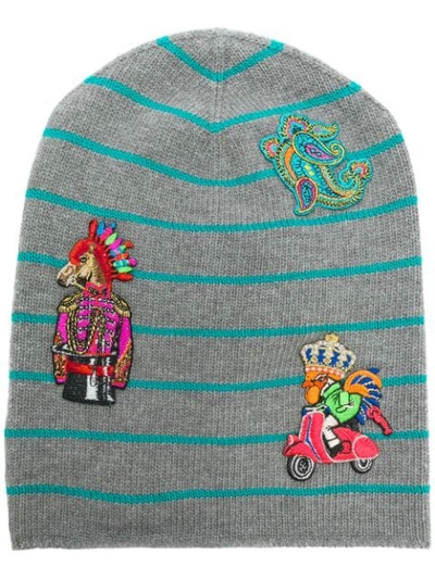 Etro Striped Embroidered Beanie In Grey