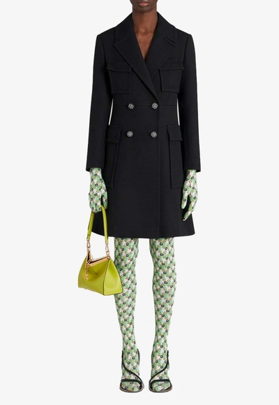 Etro Double-breasted Wool Coat With Floral Buttons In Black