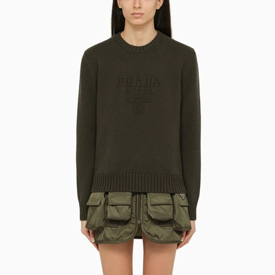 Prada Military Cashmere And Wool Crew-neck Jumper With Logo In Green