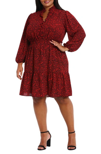 London Times Heart Print Long Sleeve Fit & Flare Dress In Black/ Red
