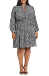 London Times Heart Print Long Sleeve Fit & Flare Dress In Black/ Ivory