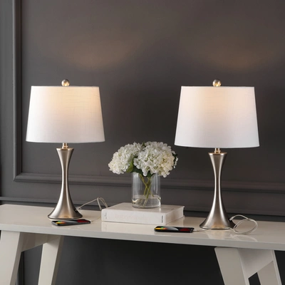 Jonathan Y Bennett 22.75" Modern Glam Iron Hourglass Led Table Lamp With Usb Charging Port, Nickel (set Of 2)