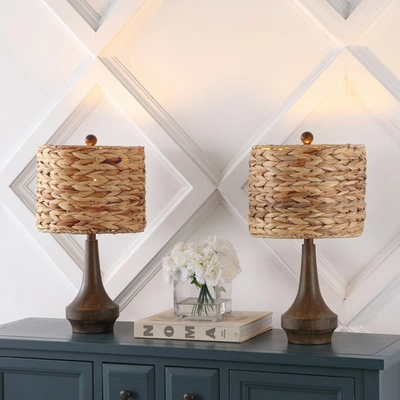 Jonathan Y Theodore 21" Rustic Farmhouse Handwoven Rattan/resin Led Table Lamp, Brown Wood Finish (set Of 2)