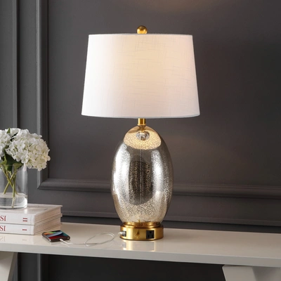 Jonathan Y Reese 26.5" 1-outlet Contemporary Style Iron/glass Led Table Lamp With Usb Charging Port, Silver/bra In Silver/brass Gold