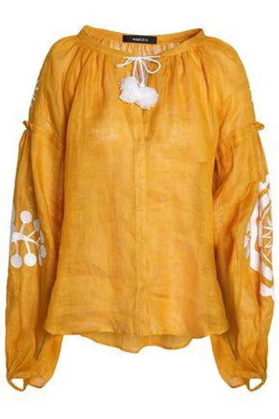 March11 Gathered Embroidered Linen Tunic In Saffron