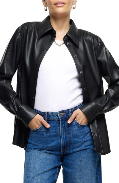 River Island Snap Front Faux Leather Shirt In Black