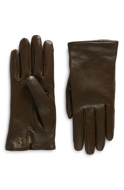 Saint Laurent Cassandre Logo Cashmere Lined Leather Gloves In Kaki/ Gold