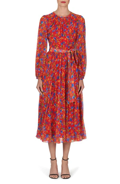 Carolina Herrera Floral Print Long Sleeve Chiffon Dress In Lacquer Red