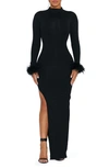 Naked Wardrobe Fine Feathers Long Sleeve Body-con Maxi Dress In Black