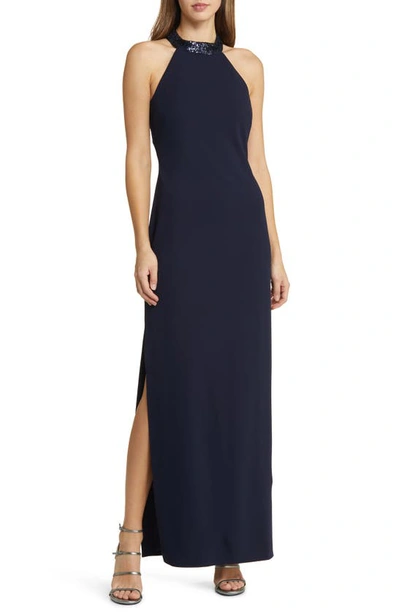 Vince Camuto Sequin Neck Column Gown In Navy