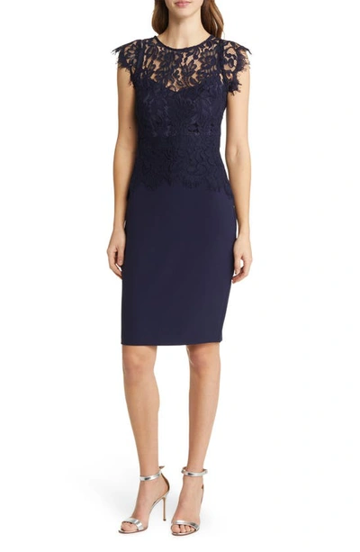 Vince Camuto Lace Stretch Crepe Sheath Dress In Navy