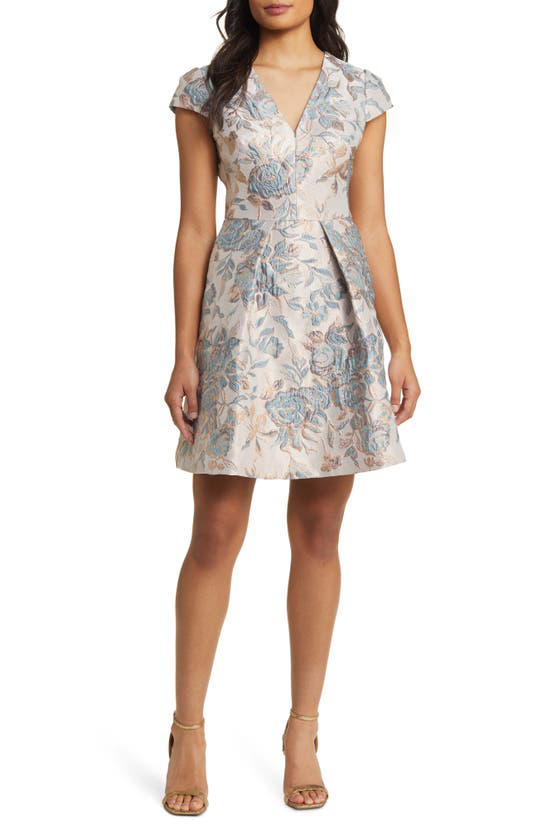 Vince Camuto Metallic Floral Jacquard Fit & Flare Dress In Blue