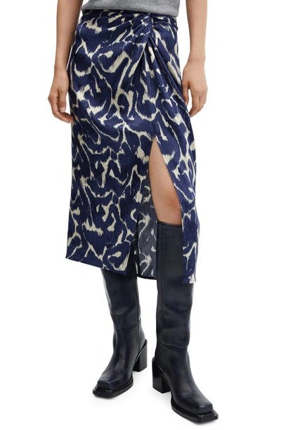 Mango Print Faux Wrap Midi Skirt In Medium Blue