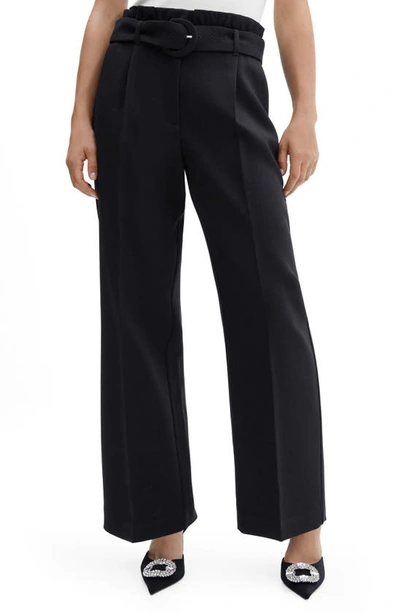 Mango Belted Paperbag Waist Wide Leg Trousers In Black