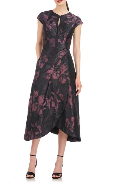 Kay Unger Massima Metallic Floral Jacquard Midi Dress In Mink Rose