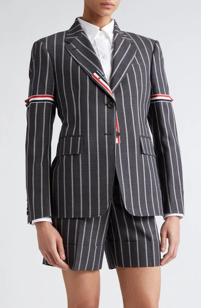 Thom Browne Stripe Tricolor Armband Wool Blazer In Dark Grey