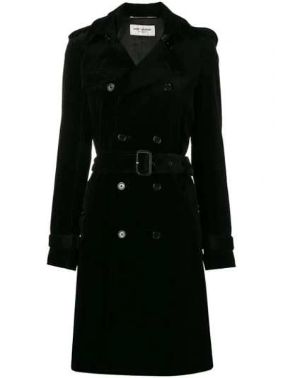 Saint Laurent Belted Trim Coat In Black