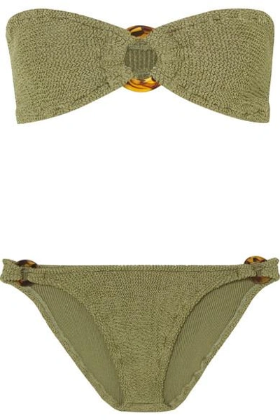 Hunza G Gloria Embellished Seersucker Bandeau Bikini In Dark Green