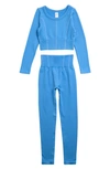 90 Degree By Reflex Kids' Ribbed Long Sleeve Crop Top & Leggings Set In All Aboard/ Blue Bell