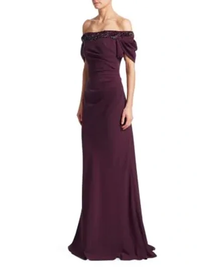 David Meister Off-the-shoulder Crepe Gown W/ Beaded Trim In Plum