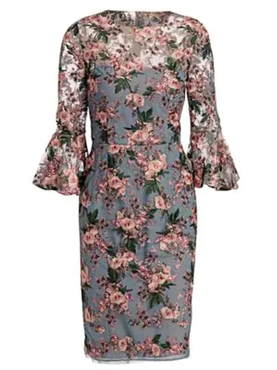 David Meister Floral-embroidered Lace Trumpet-sleeve Sheath Cocktail Dress In Pink