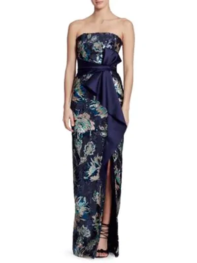 Marchesa Notte Strapless Sequin Peony Column Gown In Navy