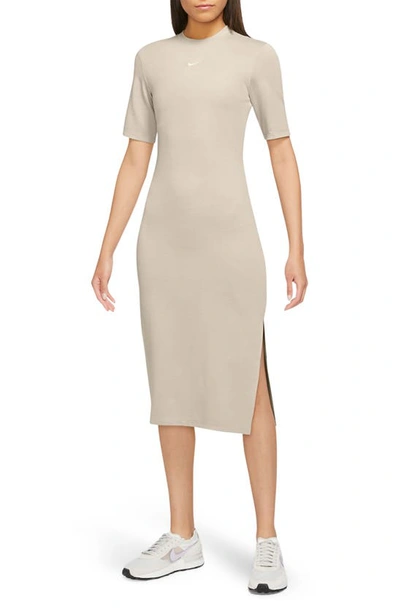 Nike Sportswear Essential Crewneck Midi Dress In Beige/white